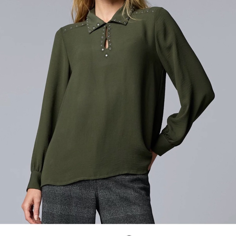 Simply Vera Vera Wang Olive Green V-Neck Grommet Blouse